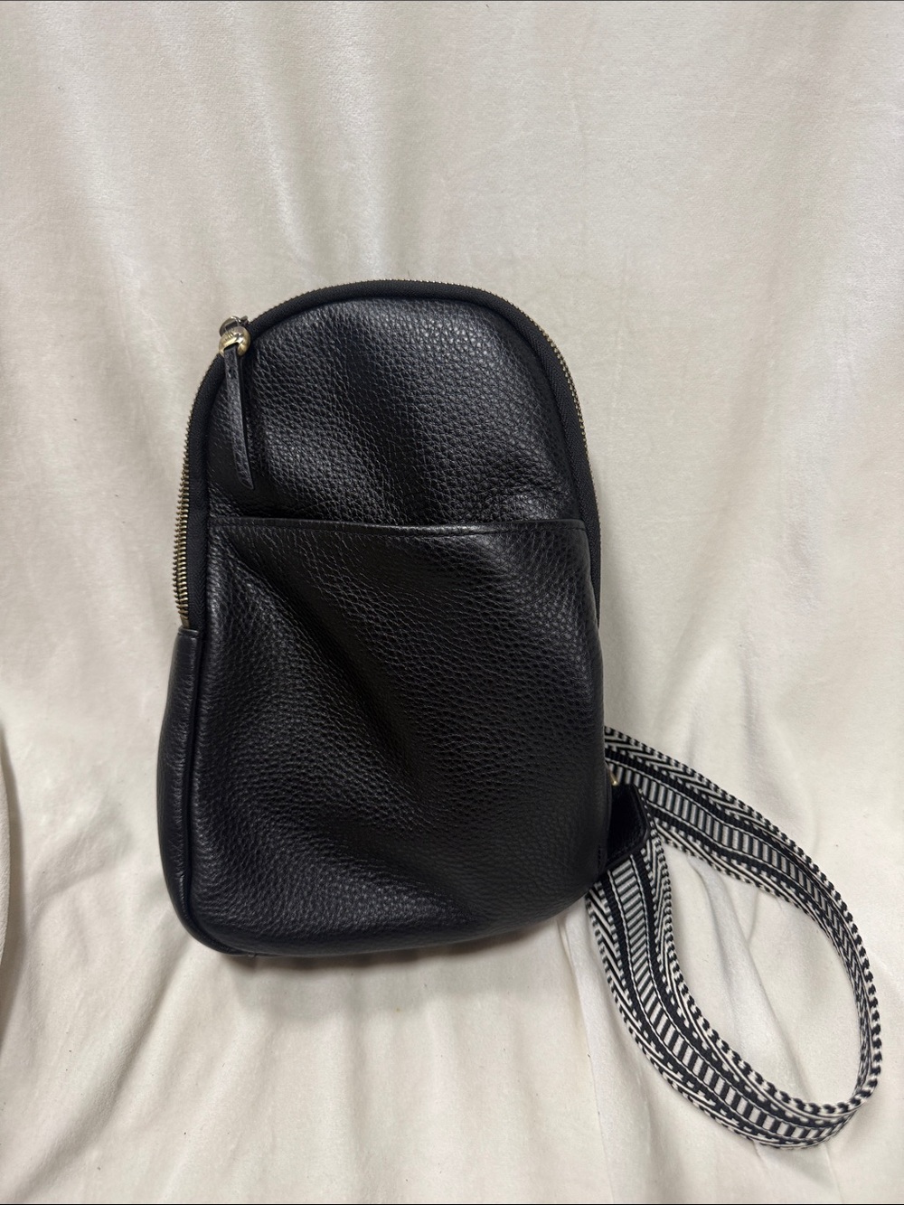 HOBO Cass Black Pebbled Leather Sling Bag Backpack Geometric Guitar Strap